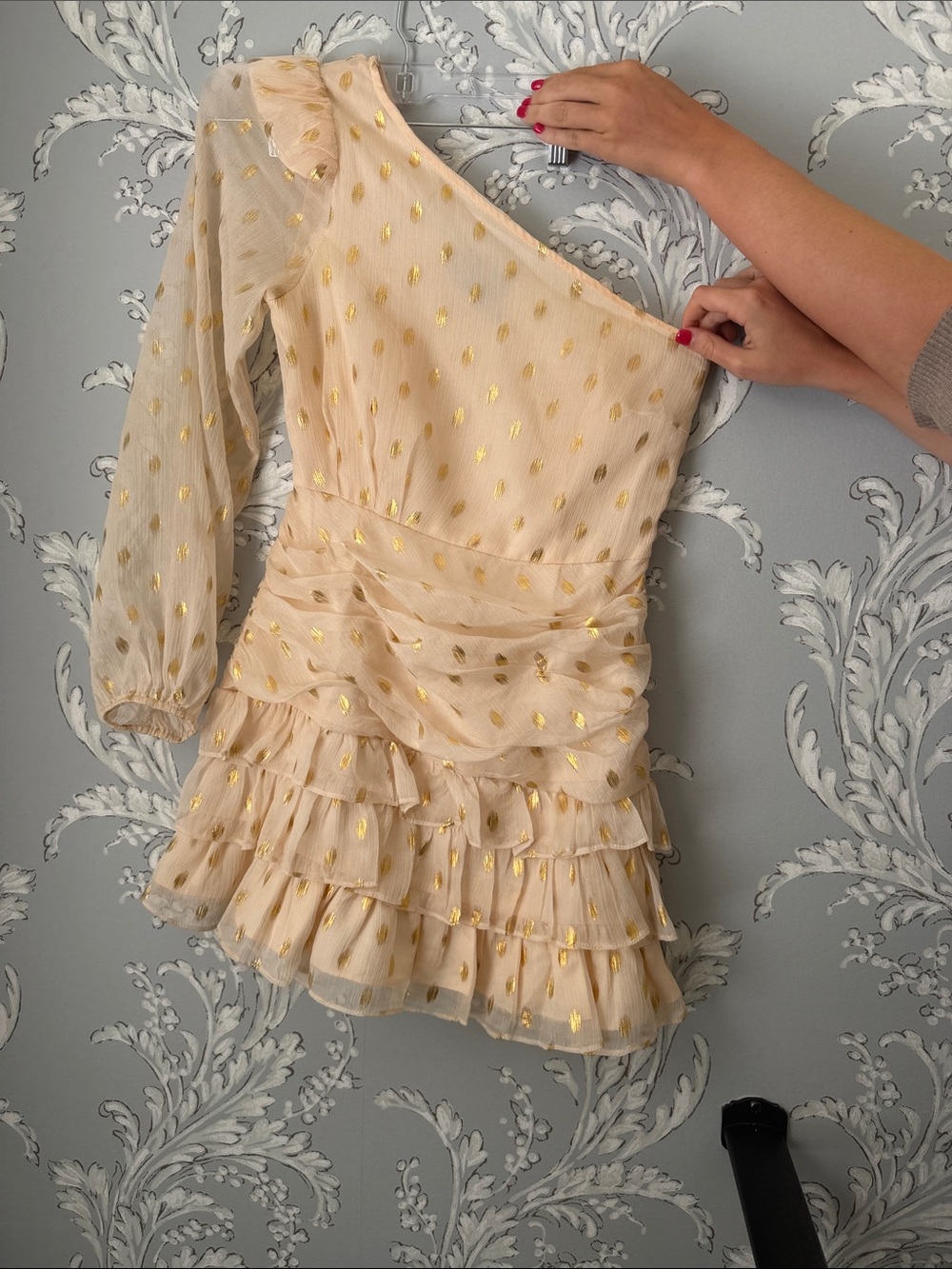 DO+BE One-Shoulder Ruffle Mini Dress in Cream with Gold Accents